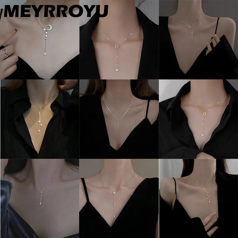 

MEYRROYU Sterling Silver New Arrival Shining Long Pendant Necklace Women Sweet Romantic Wedding Engagement Party Jewelry Gift