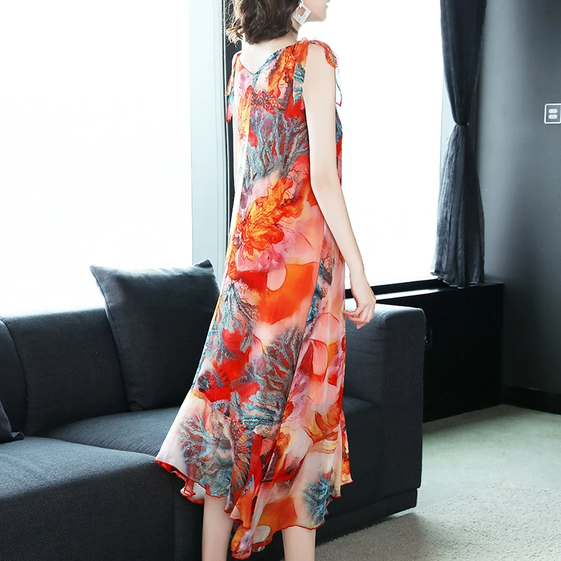 Женское платье из натурального шелка на бретельках длинное летнее элегантные