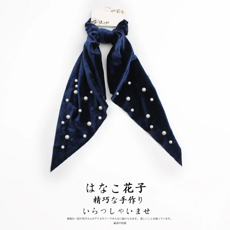 Elegant Velvet Ribbon Scrunchies Pearl Hair Ring Woman Hair Accessories Streamer Hair Ring Ladies Hair Ties Girls Rubber Band - Цвет: blue