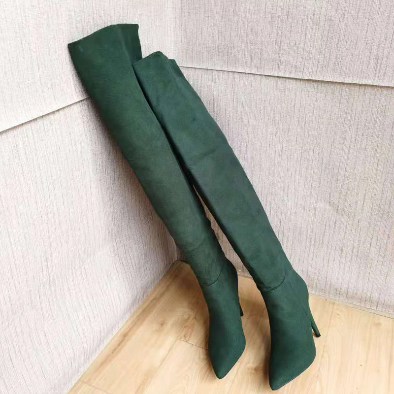 

Green Suede Over The Knee Boots Women Pointed Toe Spike High Heels Shoes Woman Sexy Knight Boots