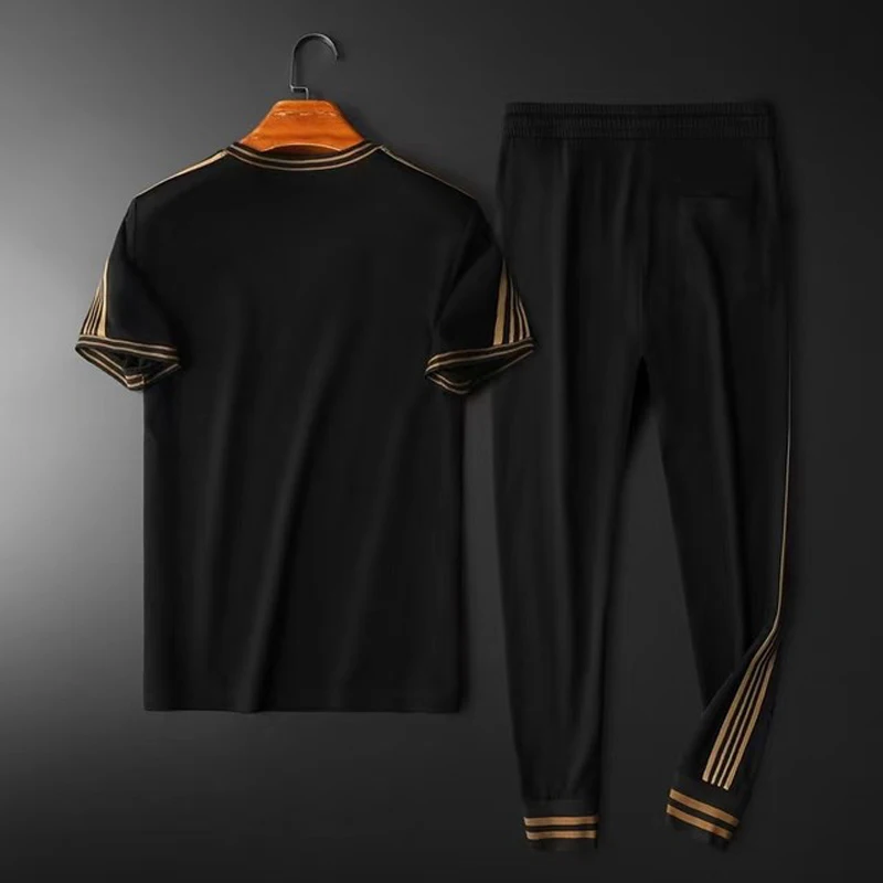 

2021 spring and summer new embroidery hot diamond double mercerized cotton men's casual suit short-sleeved trousers sports suit