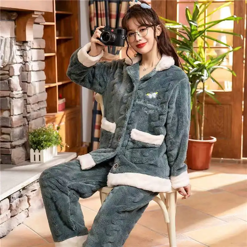 Winter Warm Flannel Pajamas Set Thicken 2 Pieces/Sets Women Sleepwear Long Sleeve Trousers Homewear Coral Fleece Nightwear