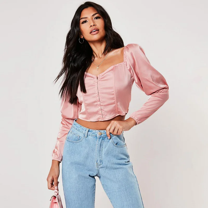 BOOFEENAA атласная шелковая розовая Сексуальная винтажная блуза Женские рубашки с