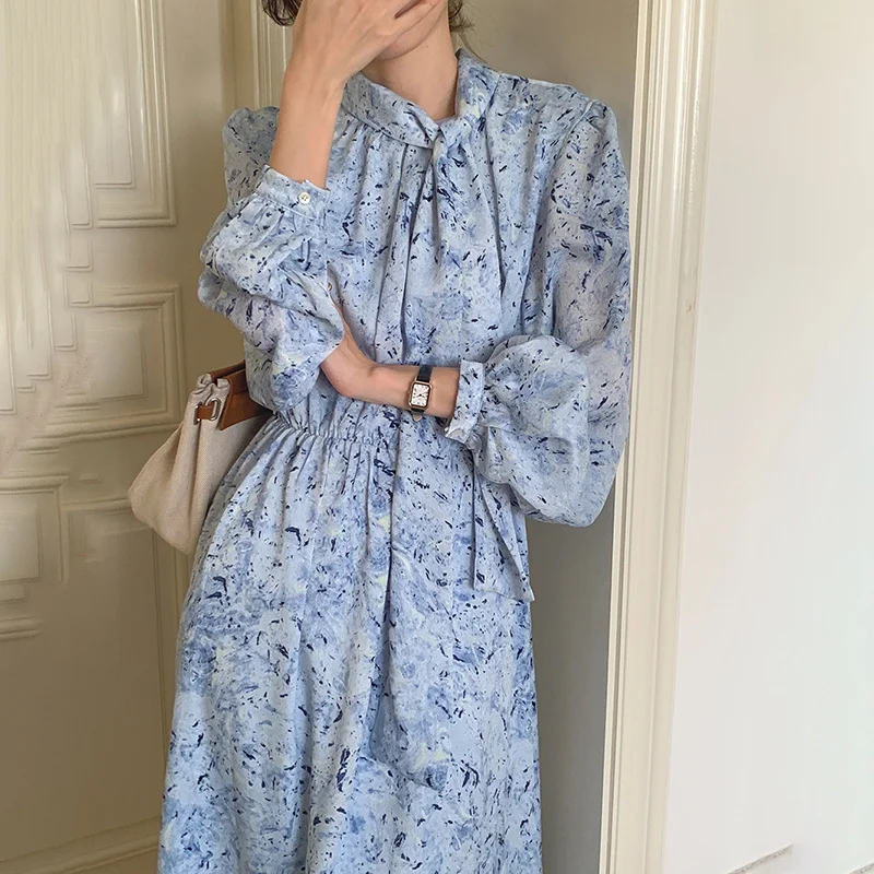 

Korean Chic Spring Dress New French Gentle Design Lace Up Stand Collar Long Waist Long Sleeve Closing Nuyoah