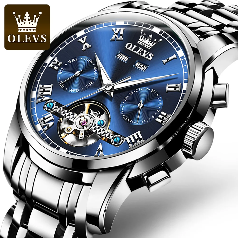

Часы-скелетоны OLEVS Мужские механические, автоматические спортивные повседневные деловые многофункциональные наручные часы с турбийоном