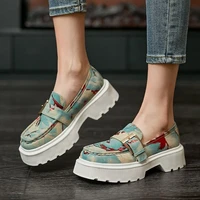 2021 spring women loafers graffiti print flat on platform shoes buckle thick sole slip on shoes ladies leather casual shoe