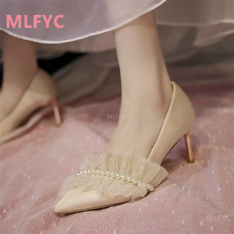 

High heels women's 2022 spring new fashion net yarn pearl pointed shallow mouth sexy stiletto fairy style women's single shoes