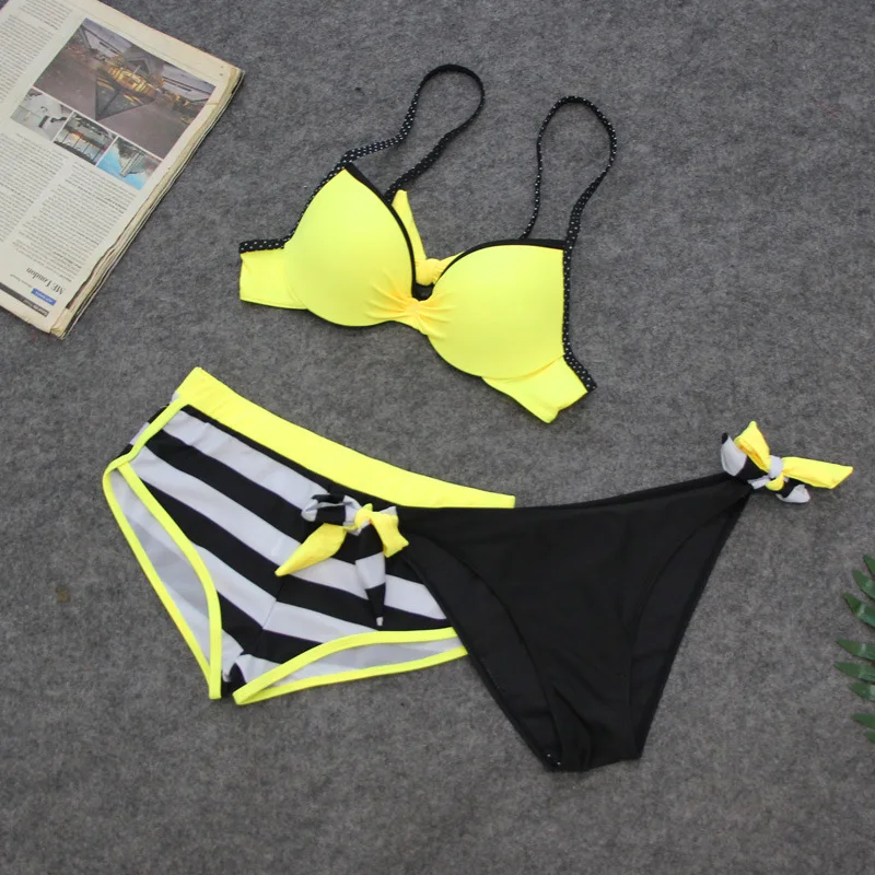 

Striped Vintage Push Up Bikini Set Swimsuit Women Ruched Swimwear Three Piece Bikinis Bathing Suits Beach Wear Maillot De Bain