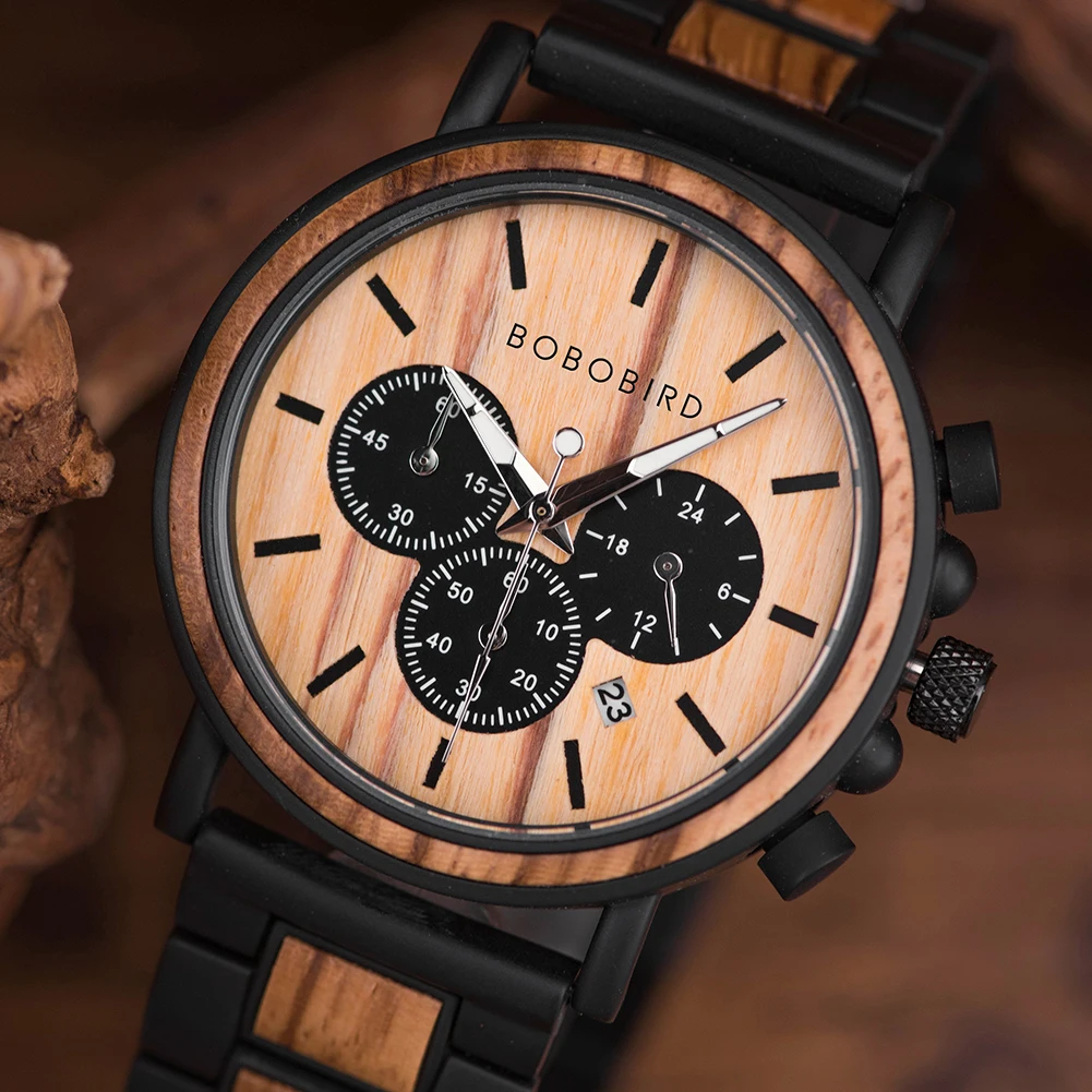 BOBO BIRD P09 Wood and Stainless Steel Watches Mens Chronograph Wristwatches Luminous Hands Stop Clock Dropshipping