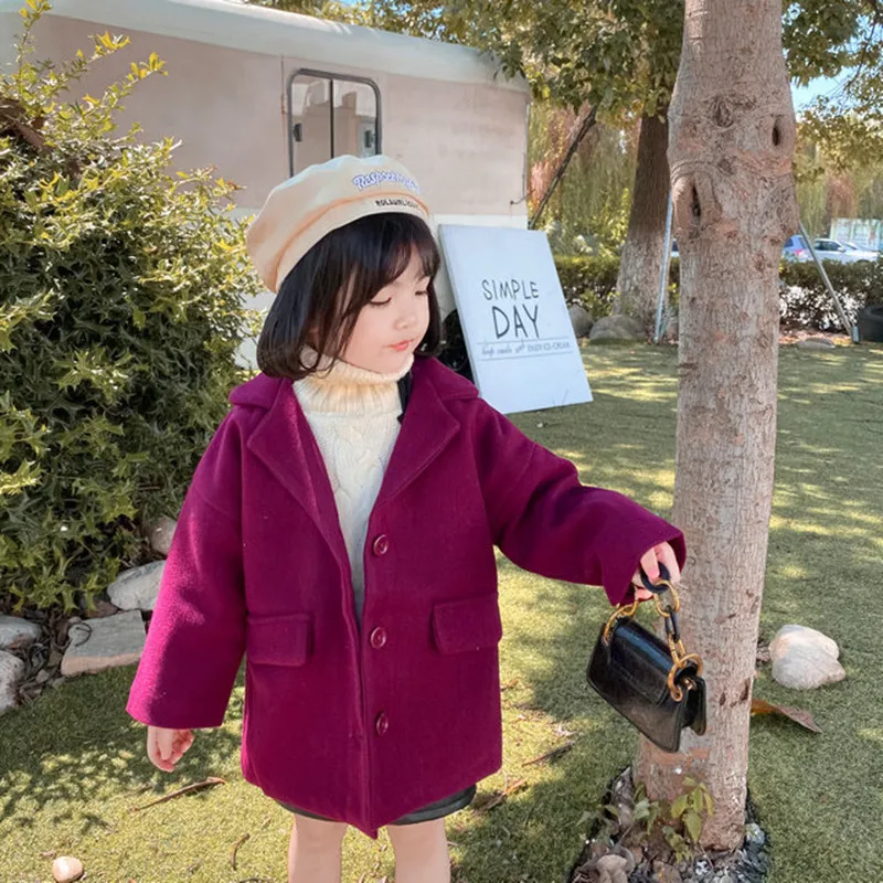 Шерстяное пальто для девочек 2 7 лет длинное однобортное утепленное в Корейском