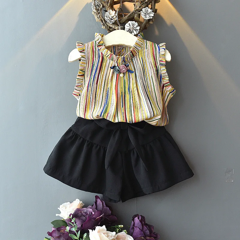 

Kids Clothing Girls Summer Sleeveless Chiffon Striped Top & Lace-up Shorts Set Designer Clothes Boutique Kids Clothing