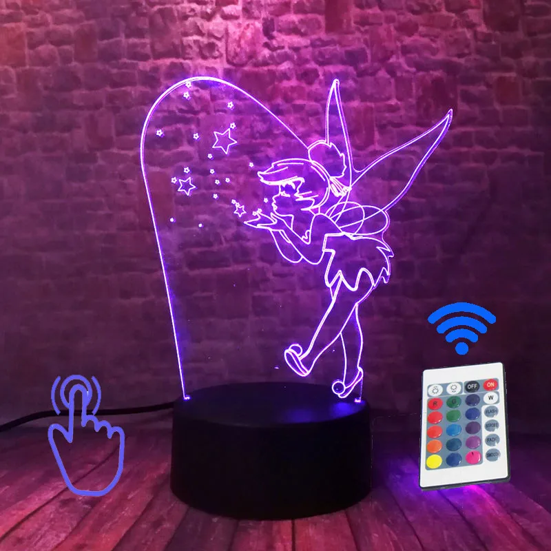 Remoter and Touch 2 Крылья Динь-Динь, 3D иллюзия, светодиодная лампа, 7 цветов, меняющий Ночной светильник, Динь-Динь, феи, Детский Светильник, игрушки на день рождения - Цвет: Remoter and Touch 2
