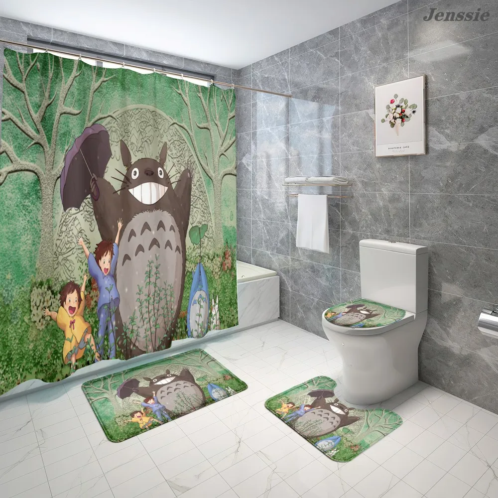 

Cartoon My Neighbor Totoro Shower Curtain Mat Set With Carpet Bath Screen for Home Bathtub Partition Mold Proof Durable Curtains