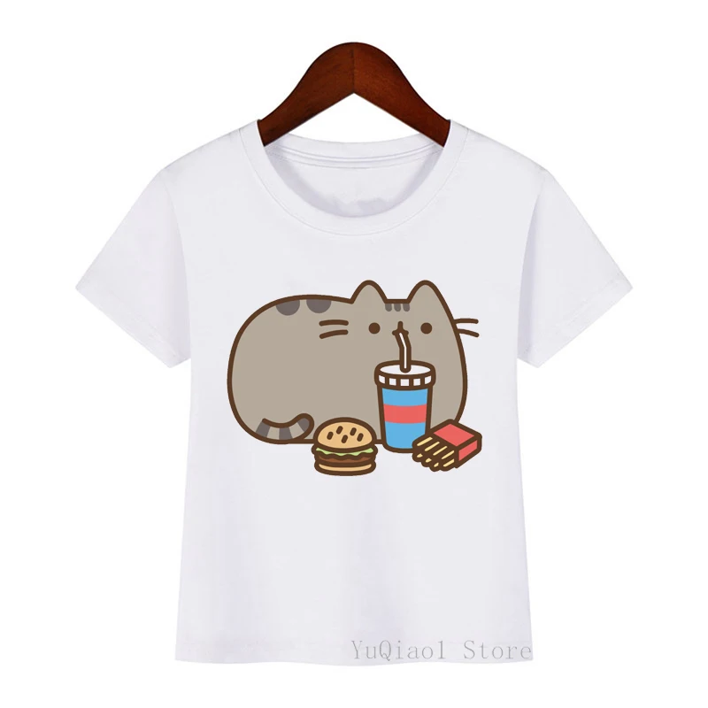 

Harajuku Kawaii Drinking Cat Print T-Shirt Summer 2021 Children's Clothes Top For Girls Cute Baby Boy Tshirt Teen Kids Tees