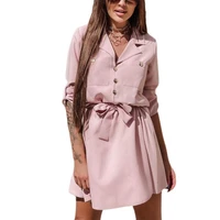 women dress skin friendly and popular solid color buttons female three quarter sleeves %c2%a0pockets ruffled dress for daily life