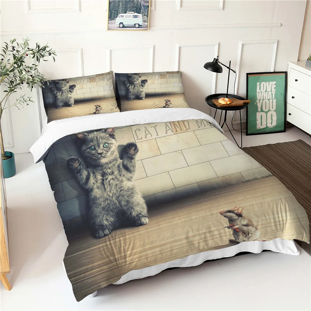 

3d Print Bedsheets Cat And Mouse Design Double Bedspread With Pillowcases Soft Warm Duvet Cover Creative Bedding Sets