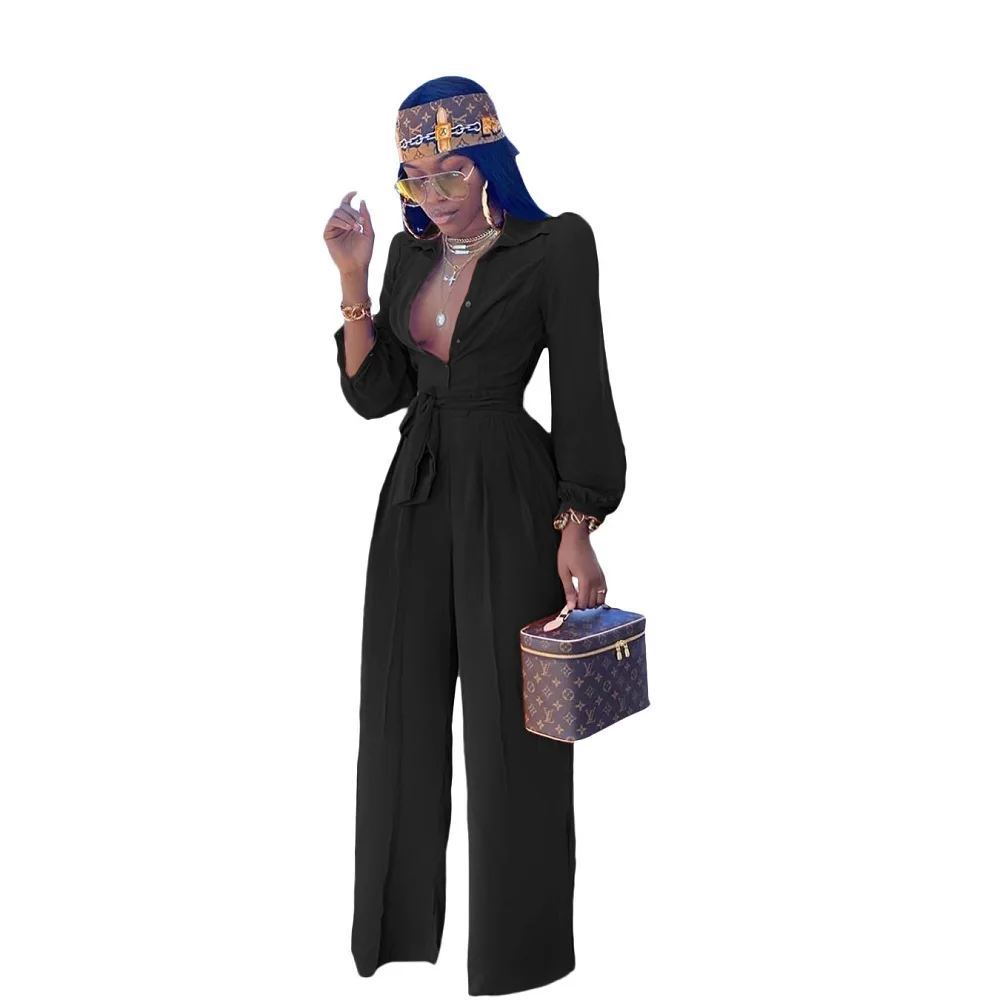 

Women Autumn Long Sleeve Blouse Collar Full Length Jumpsuits and Rompers Ladies Solid Slim Straight Casual Elegant Bodysuits