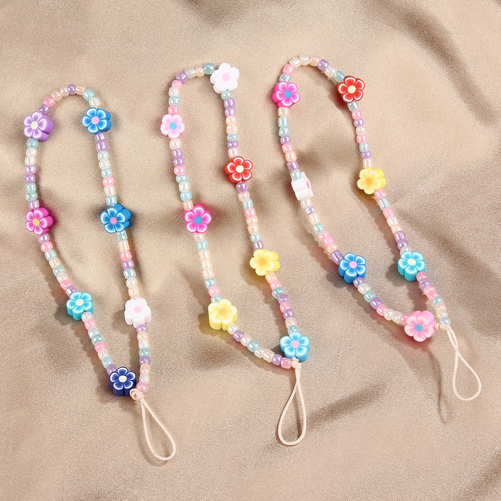 

Mobile Phone Lanyard Flower Letter Pendant Soft Pottery Bead Rope Chain for Cell Phone Case Hanging Cord Necklace Choker