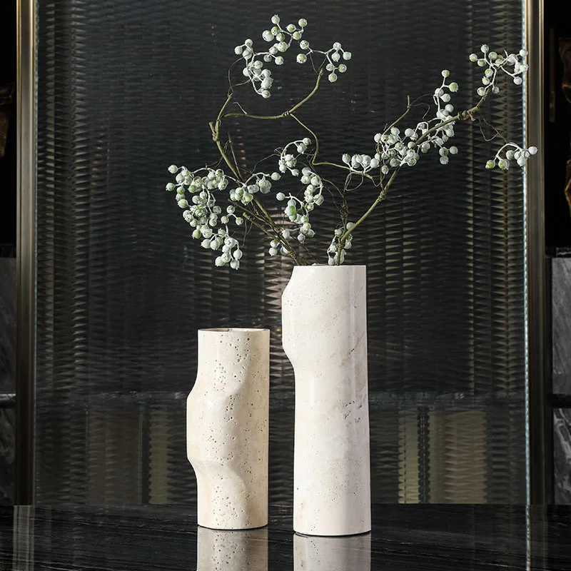 

Luxtry Beige Natural Special Cylindrical Marble Flower Model Room Porch Hotel Decoration Sales Office Dry Vase Large Decoration