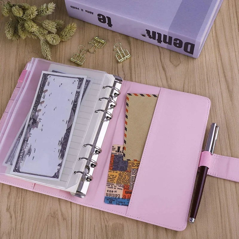 

A6 PU Leather Notebook Binder (Pink) Bundle 12Pcs Binder Pockets A6 Size 6-Holes