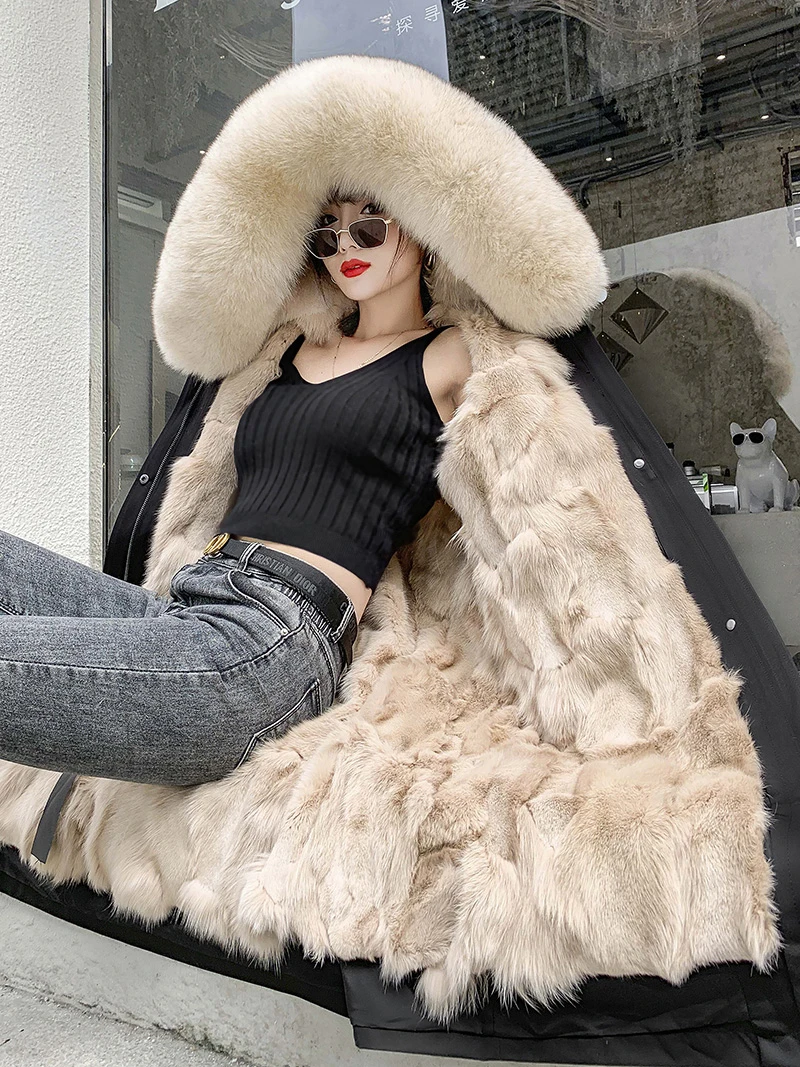 2021 New Winter Women's Leather Coat Long Detachable Rabbit Fur Lining Hooded Parka Big Fox Fur Collar Warm Fur Coat Jacket