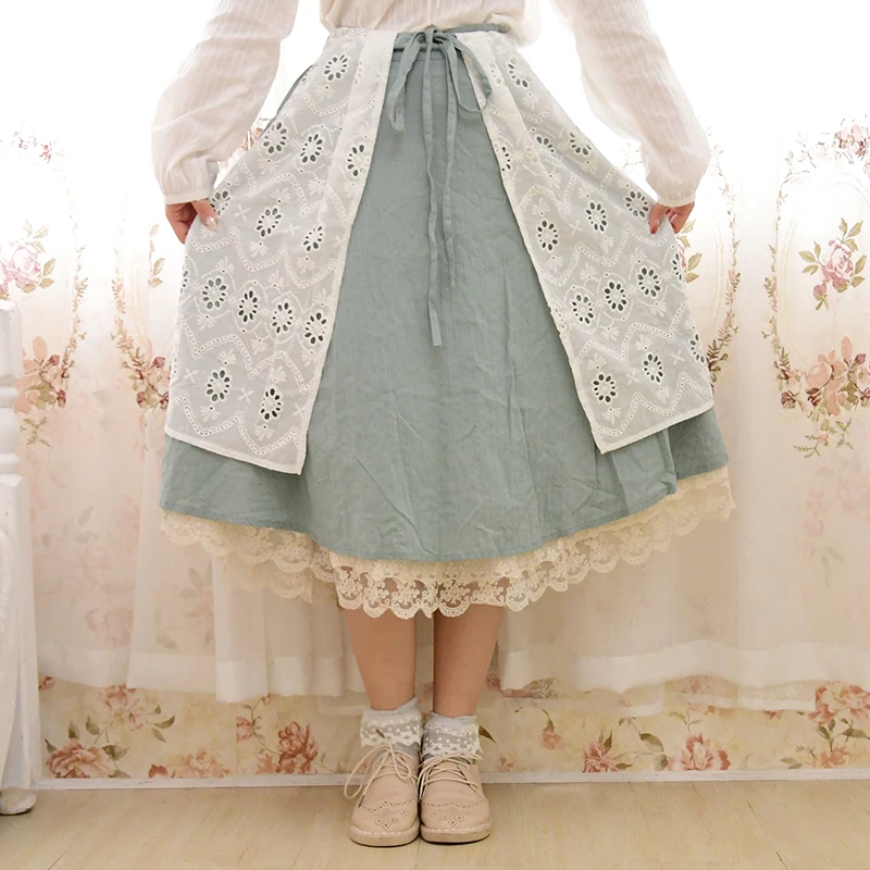 

Mori Girl Vintage Retro Ethnic Hippie Boho Bohemian Lolita Layer Cotton Linen Crochet Patchwork Elastic Waist Women Autumn Skirt