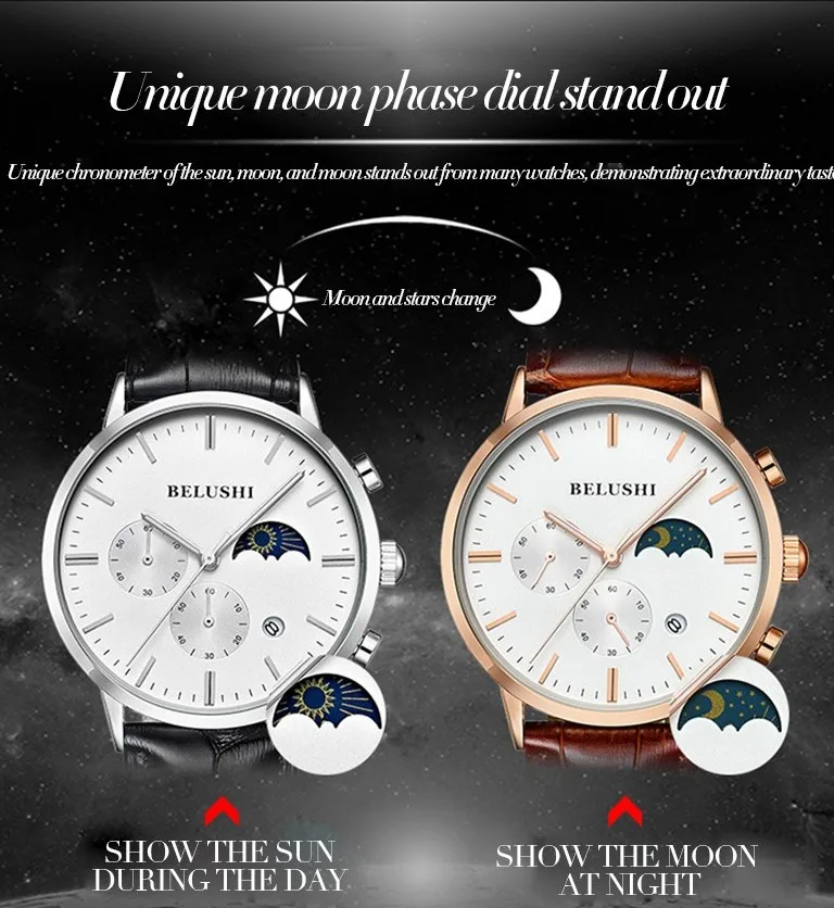 

Men's Watch Luxury Brand Chronograph Men's Watch Quartz Luminous Moon Phase Display Watch Men's Watch Waterproof Watch