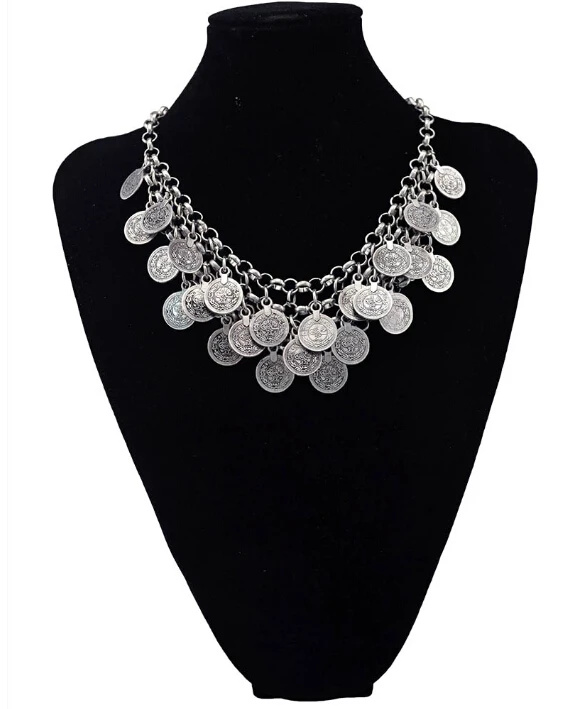 Silver Богемное, турецкое, этническое, серебряное, металлическое, цыганское, Коачелла, Пляжное колье, нагрудник, монета, кисточка, воротник, ожерелье для женщин, индийское, очаровательное ювелирное изделие - Окраска металла: Silver