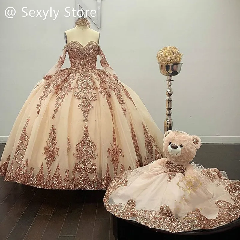 Фото Платье Quinceanera розового золота, роскошное маскарадное платье с блестками для выпускного вечера, дня рождения, с оборками Folklorico Vestidos De 15 Años по индивидуальному заказу №4