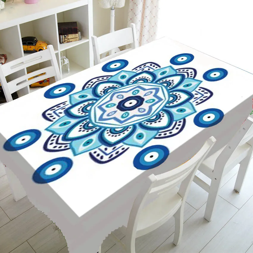 Греческая синяя скатерть в стиле бохо с узором сглаза Мандала домашний декор