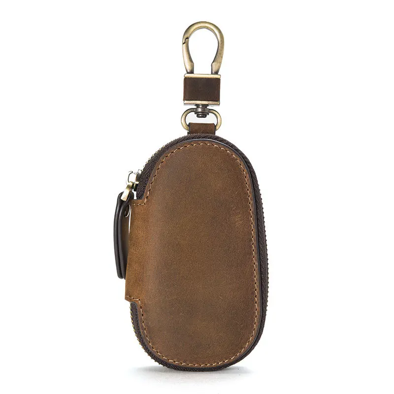 

Crazy Horse Leather Key Bag Oval Zipper Car Fall Proof Universal Case