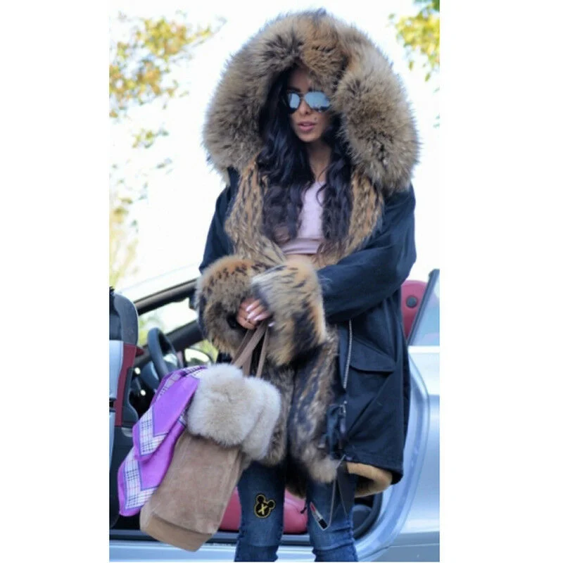 Winter New Real Raccoon Dog Fur Collar Trendy Fur Parka 2022 Fashion Women Genuine Full Pelt Raccoon Dog Fur Parka Thick Outwear