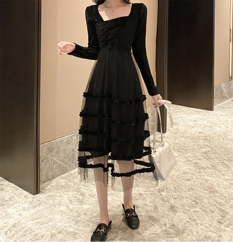 Za 2020 модное женское платье миди черный квадратный воротник корейский бархат