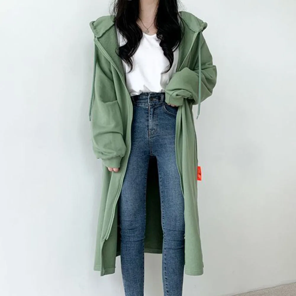 

Женская длинная куртка на молнии, свободная однотонная теплая толстовка с капюшоном и длинным рукавом, кардиган с бархатной подкладкой, Осе...