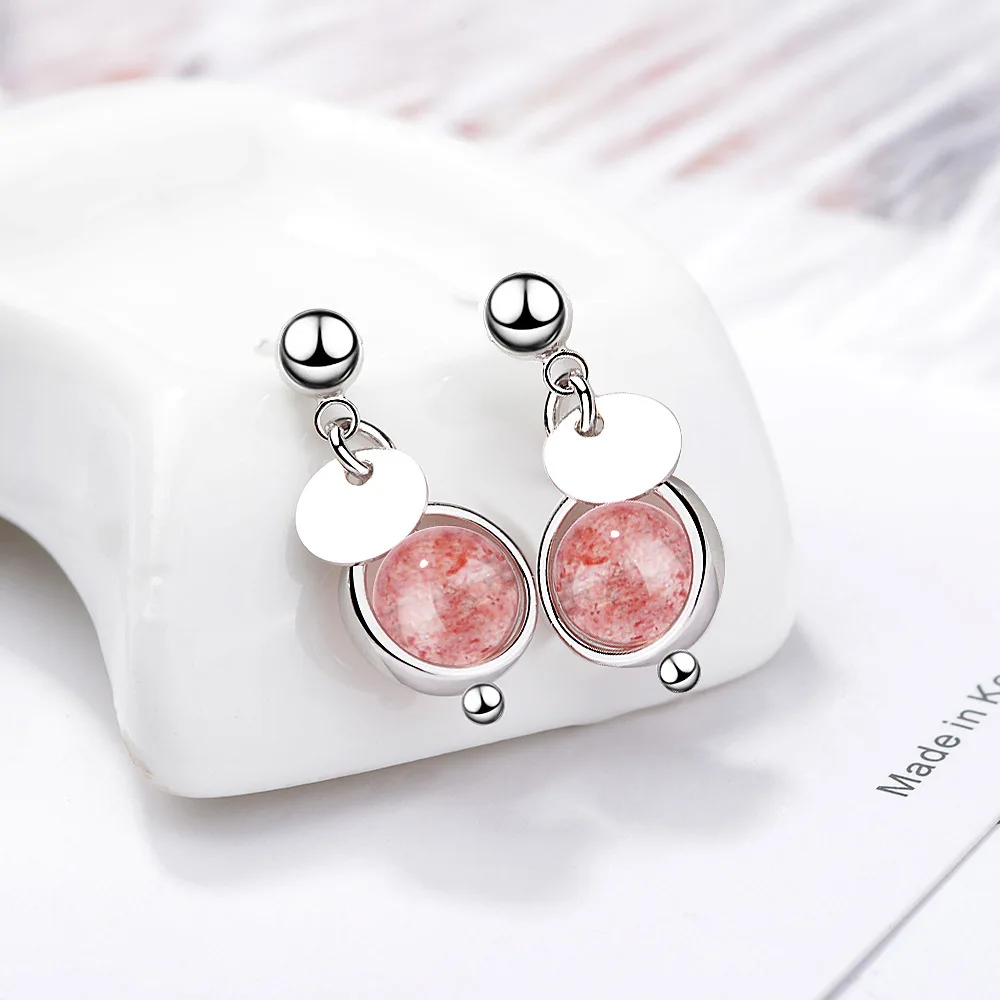 Серьги кисточки женские из серебра 925 пробы с натуральным розовым клубничным