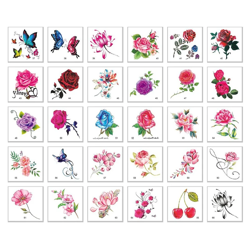 

66Pcs Flower Body Art Temporary Tattoos Butterfly Floral Reindeer Letter Fake Tattoos Back Tattoos Stickers For Women Girls