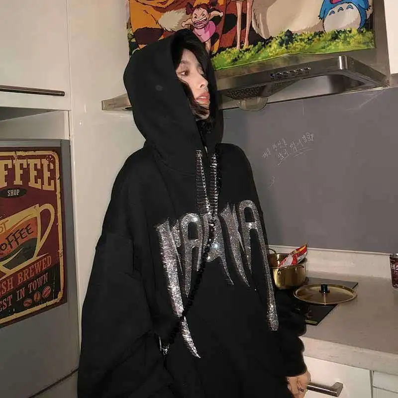 

Couple Sweater Women's Black Hooded Korean Loose Retro Hong Kong Style Hot Rhinestone Letter Printed Jacket Top y2k tops E-girl