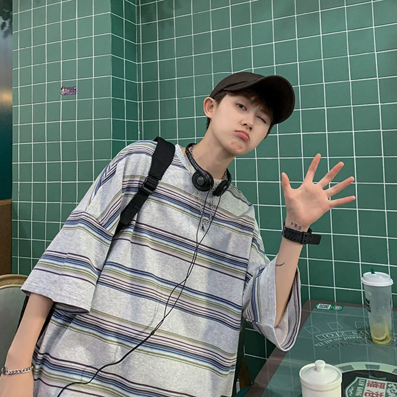 Футболка мужская с коротким рукавом свободная брендовая тенниска в полоску