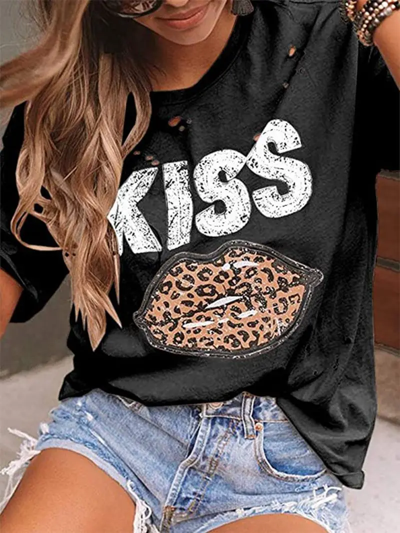 

Summer Women's Fashion Shirt Lips Leopard Graphic T Shirt Women Tops Base O-neckBlack Tees Kiss Leopard Lip Funny Girls Tshirt