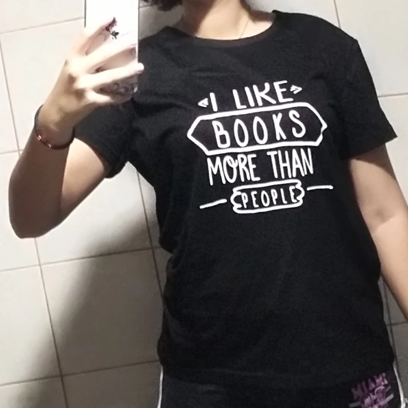 Женская футболка из хлопка с надписью I LIKE Book More Than People Повседневная черно белая