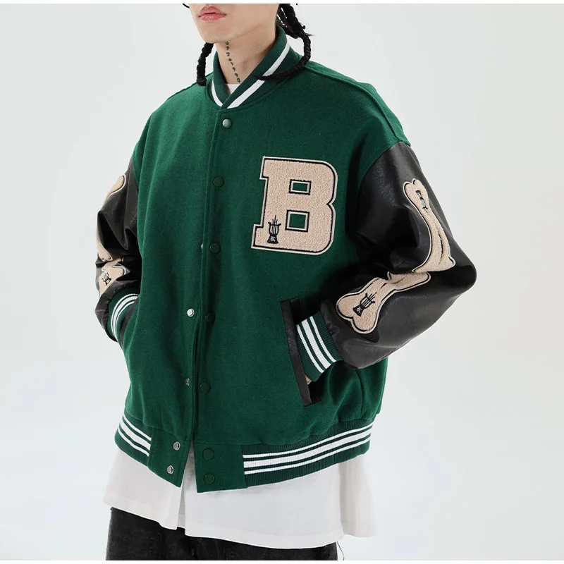 

FAKUNTN 2021 Streetwear Unisex Splice Coat Baseball Green Jacket Harajuku Bomber Furry Bone Patten Single-breasted Jackets Women