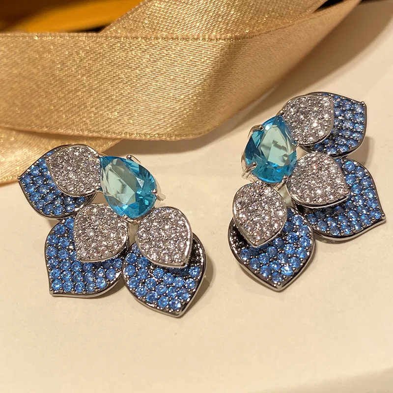 

high quality blue flower cubic zircoian luxury stud earring for women