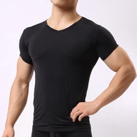 sexy ultra thin sheer man fitness polyester undershirts gay ice silk v neck transparent shirts sexy new fashion