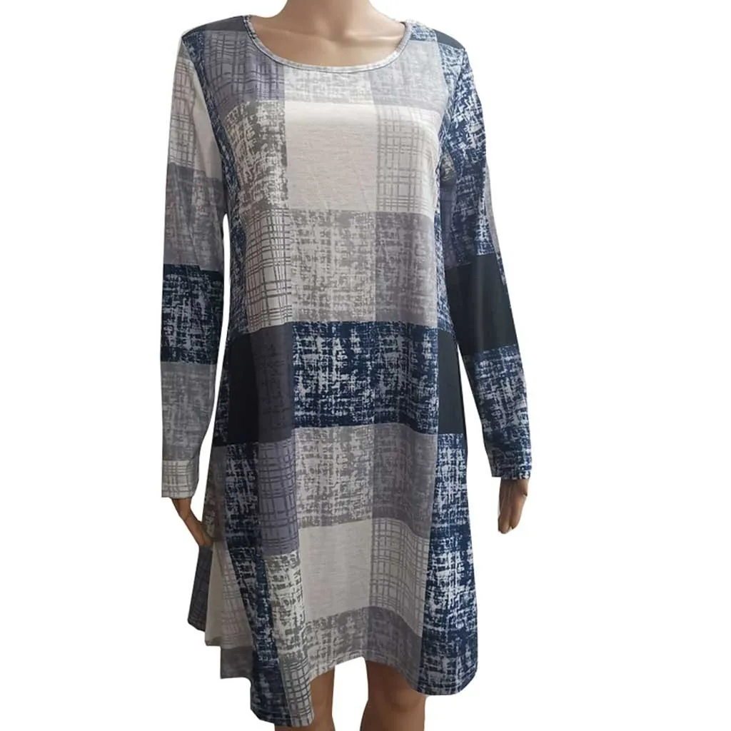 Осенне зимнее женское платье модное клетчатое мини с круглым вырезом и карманами