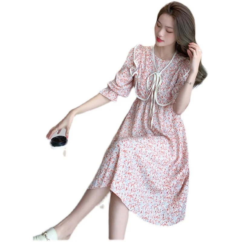

French Floral Dress for Women 2021 Summer New Gentle Tight Waist Slimming Puff Sleeve Mid-Length Dress