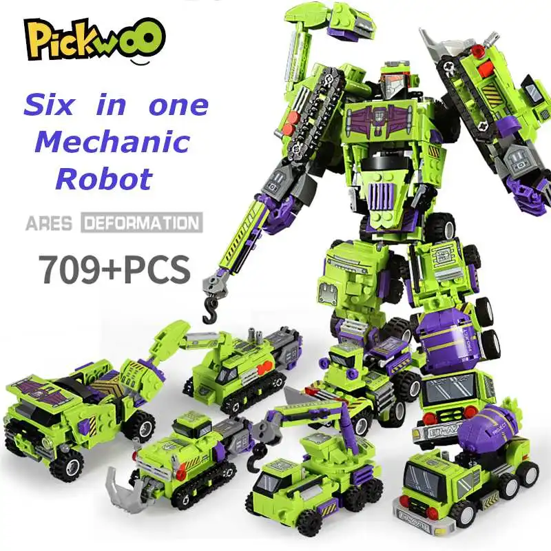 

Pickwoo D18 709 Pcs 6in1 Deformable Robot Building Blocks City Engineering Excavator Car Truck Constructor Small Bricks Toys
