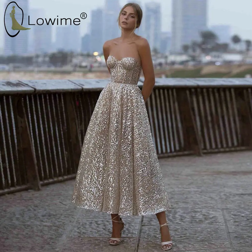 

Sparkly Sequins Tea Length Prom Dresses Sweetheart Neckline Party Gowns Robes De Cocktail Abendkleider
