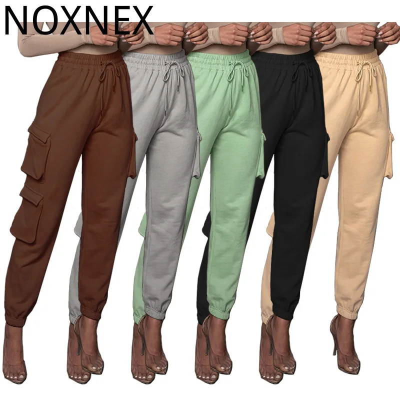

Брюки NOXNEX женские свободные, уличная одежда, эластичные спортивные штаны с завязками, зимние однотонные брюки-карго с высокой талией, 2021