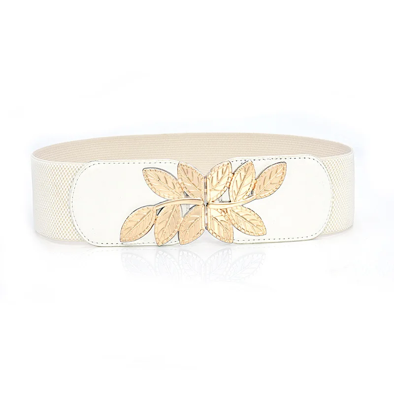 

68cm New High Elastic Golden Color Leaves Wide Belt Thick Vintage Totem Print Stretch Dress Corset Cinch Leather Waistband