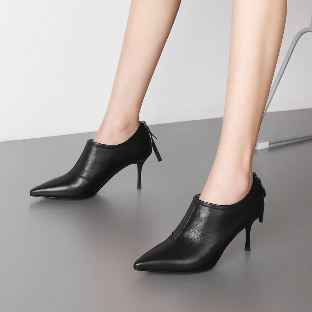 

Doratasia New Fashion Genuine Cow Leather Thin High Heels Shoes Woman Pumps Pointed Toe Zip Up Office Lady Pumps Women Shoes